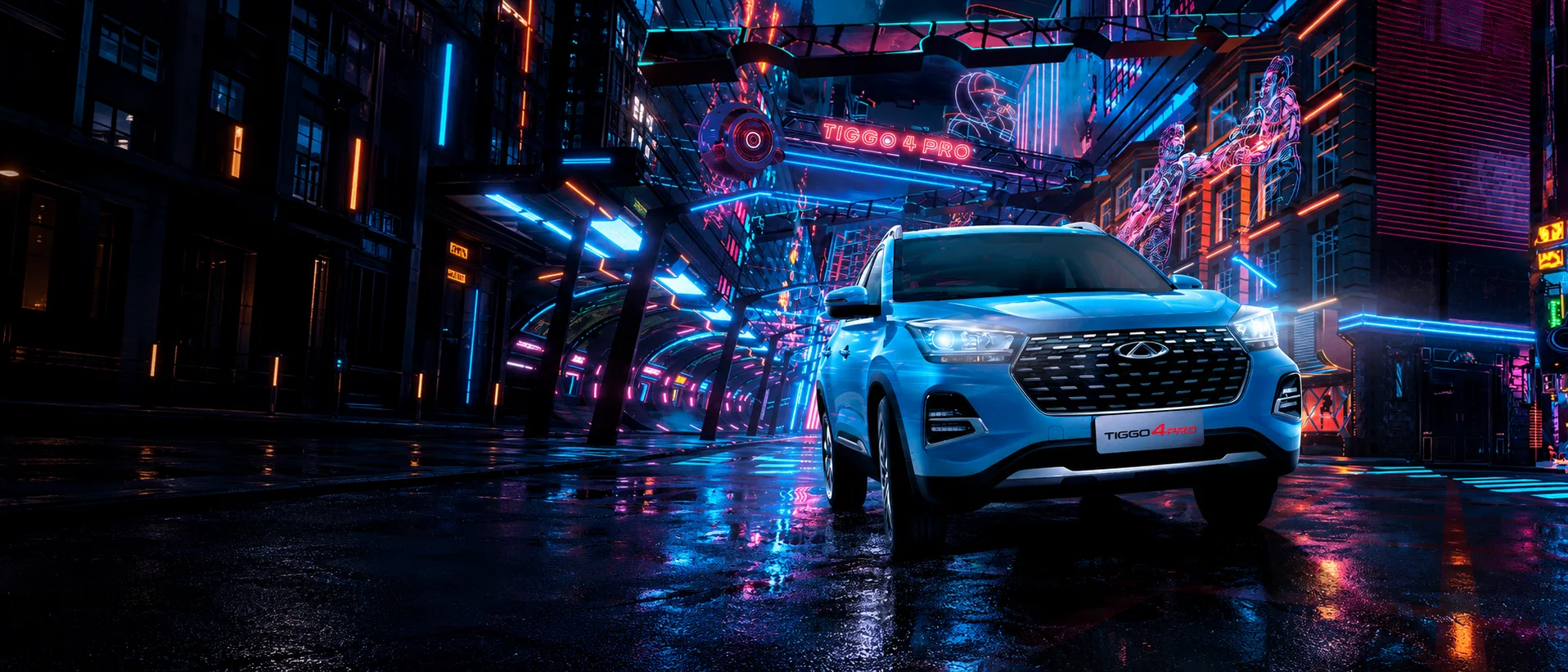 CHERY Tiggo 4 — неон гэрэлт хотын нойтон гудамжинд, шөнө